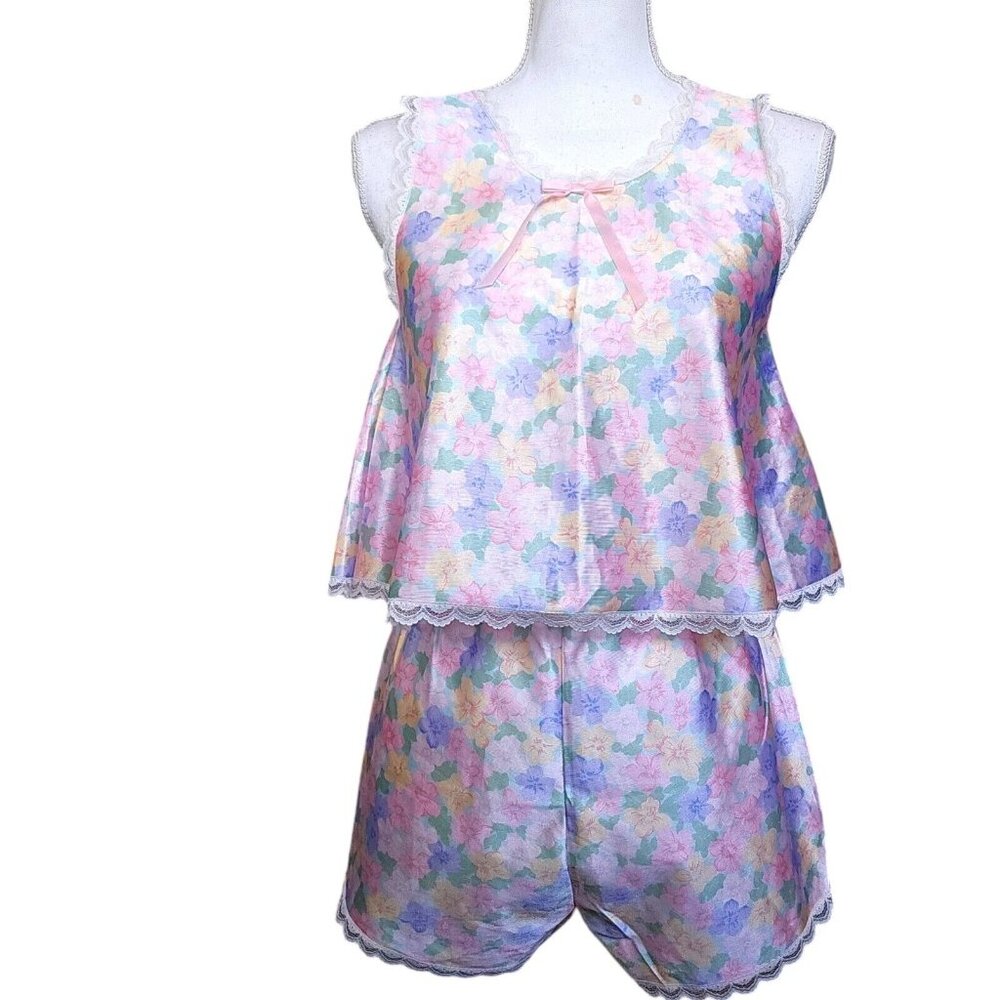 Vintage 80s Womens Small Satin Floral 2 Piece Pajamas Lounge Cottage Core Sissy